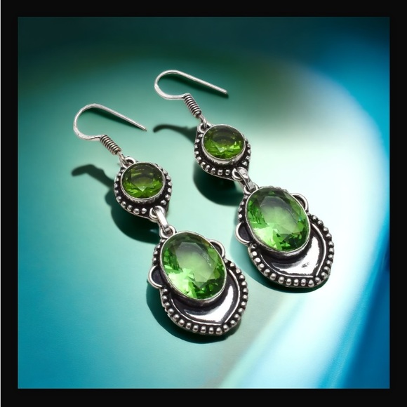 Peridot Handcrafted Drop Dangle Hook Style Earrings 2.4" Long Made In India New - Picture 12 of 16